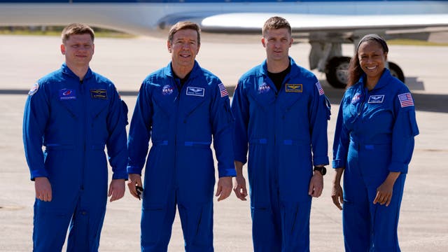 <p>The group of NASA astronauts, from left: cosmonaut Alexander Grebenkin, pilot Michael Barratt, commander Matthew Dominick and mission specialist Jeanette Epps </p>