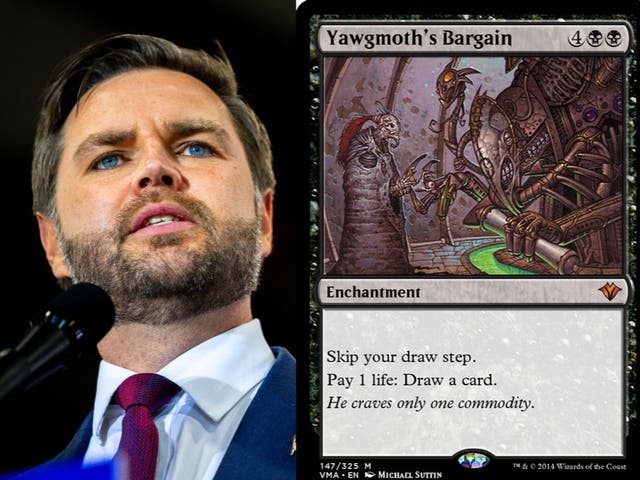 <p>Left: Republican vice presidential candidate JD Vance. Right: the centerpiece of his teenage Magic: The Gathering deck</p>