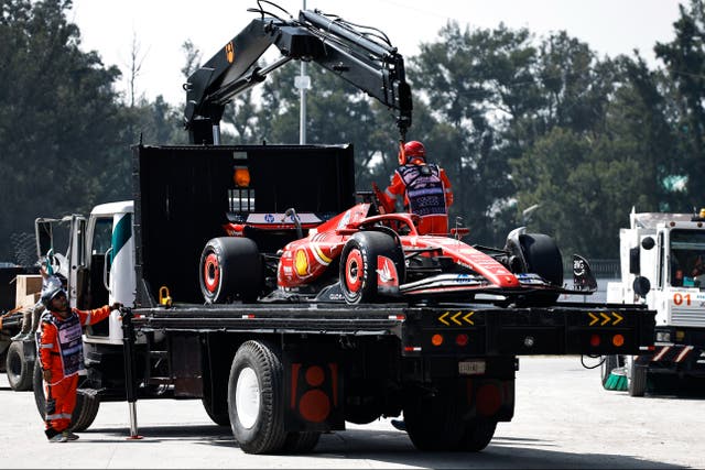 <p>Ollie Bearman’s Ferrari had to be taken off the track</p>