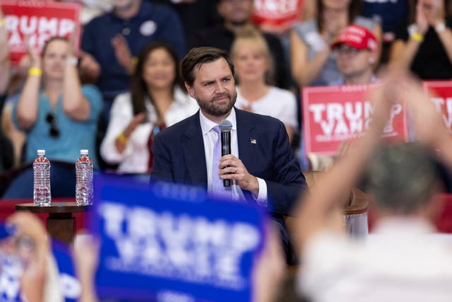 <p>Republican vice presidential nominee Sen. JD Vance, R-Ohio, speaks at a campaign event in Monroe, North Carolina, Friday, Oct. 25, 2024</p>