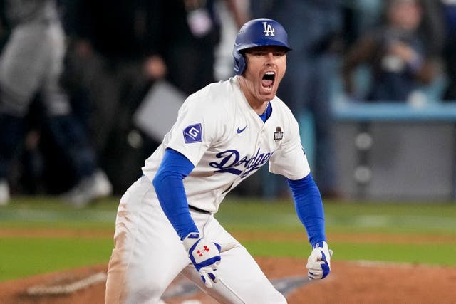 Los Angeles Dodgers’ Freddie Freeman celebrates after hitting a walk-off grand slam home run during the 10th inning (Mark J Terrill/AP)