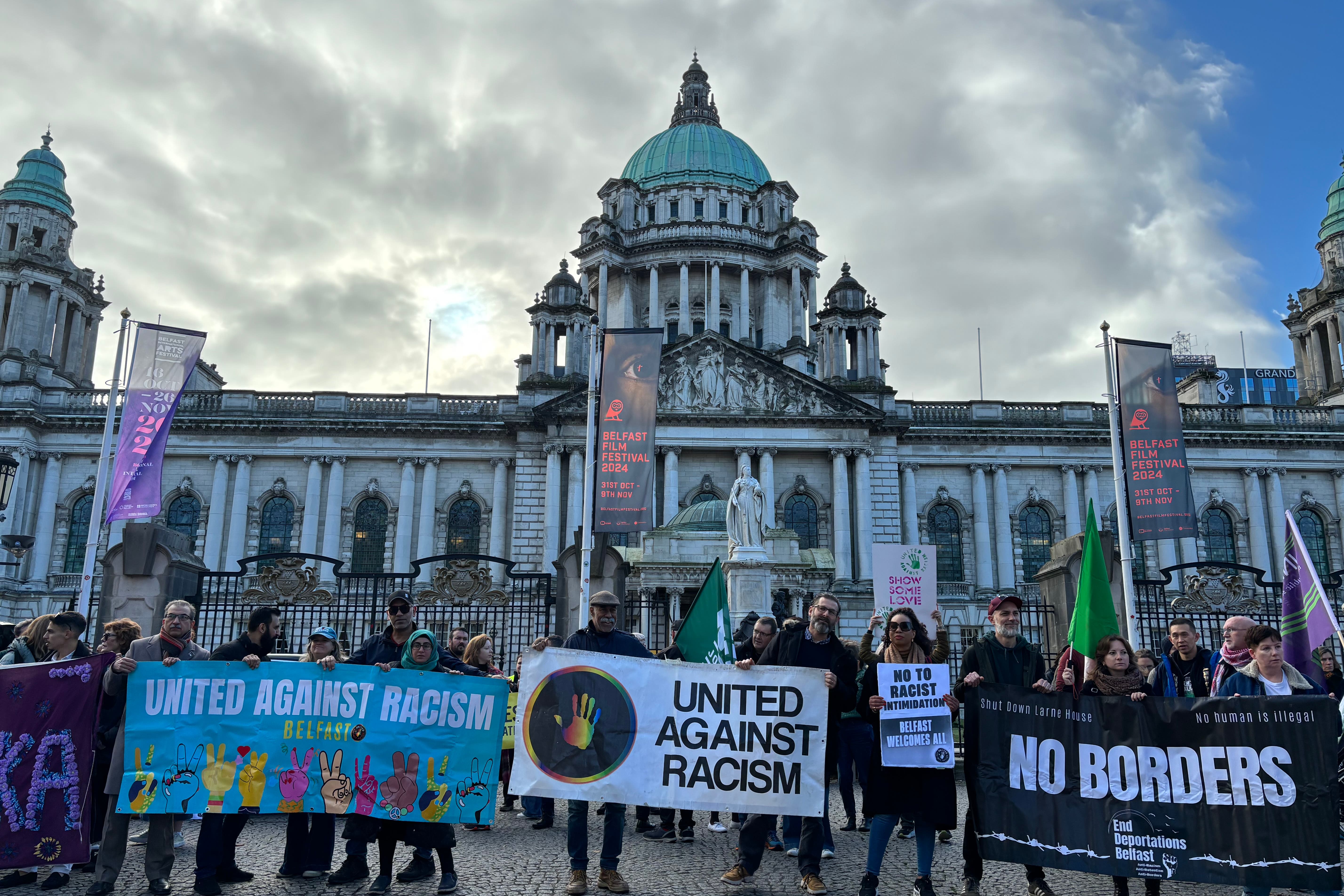 Crowds take part in the Belfast For All: Anti-Racism Rally at Belfast City Hall on Saturday (Rebecca Black/PA)