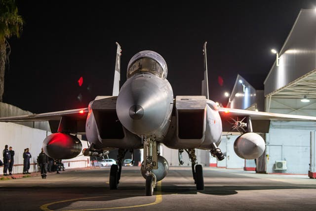 <p>An Israeli fighter jet leaves a hangar at an undisclosed location in Israel ahead of strikes on Iran</p>