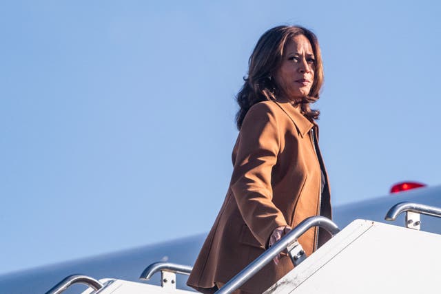 <p> Democratic presidential candidate Kamala Harris boards Air Force Two.  The vice president has taken an increasingly dark turn in her rhetoric as she attacks Republican nominee Donald Trump </p>