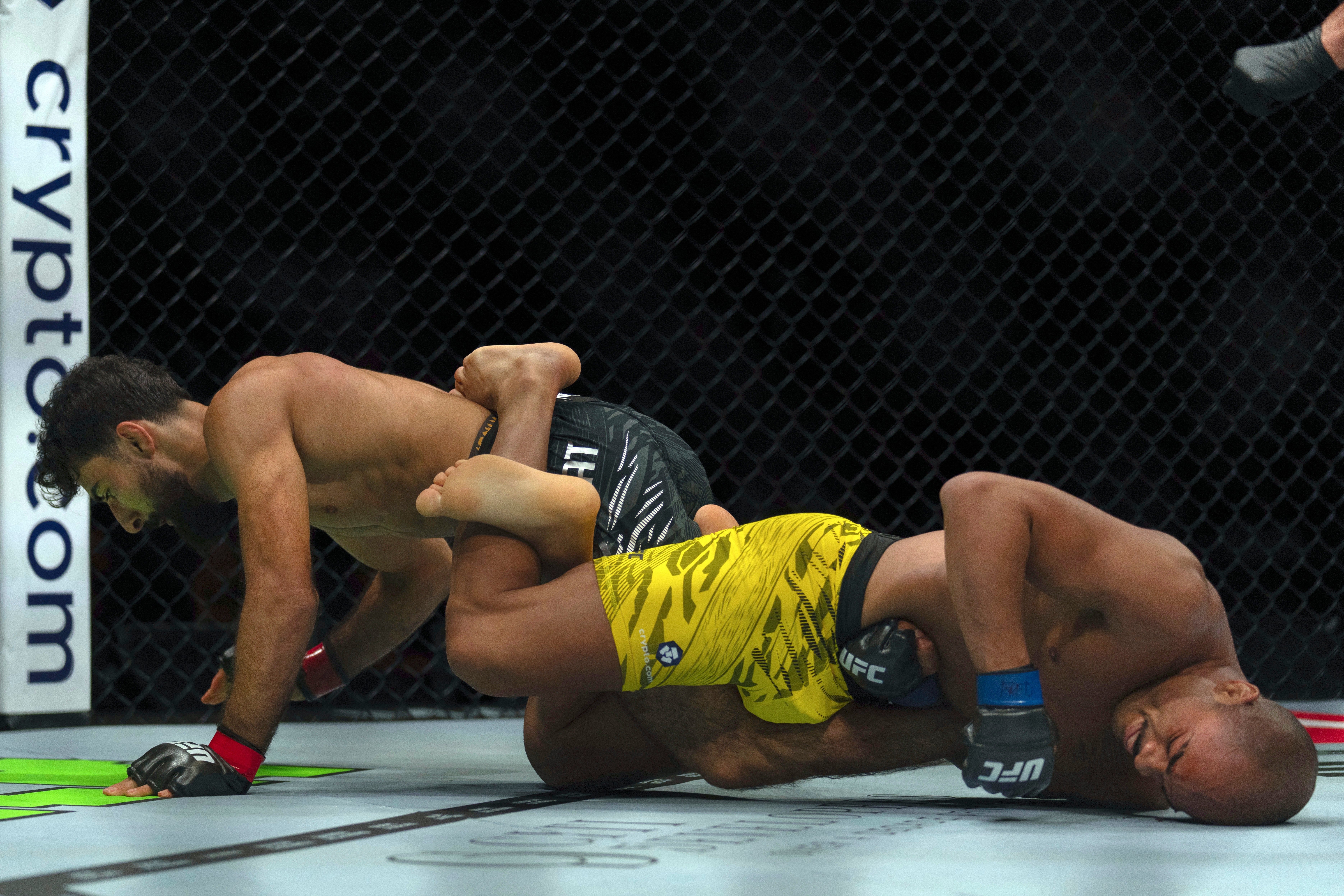 Farid Basharat (left) escaped numerous leg-lock attempts to beat Victory Hugo