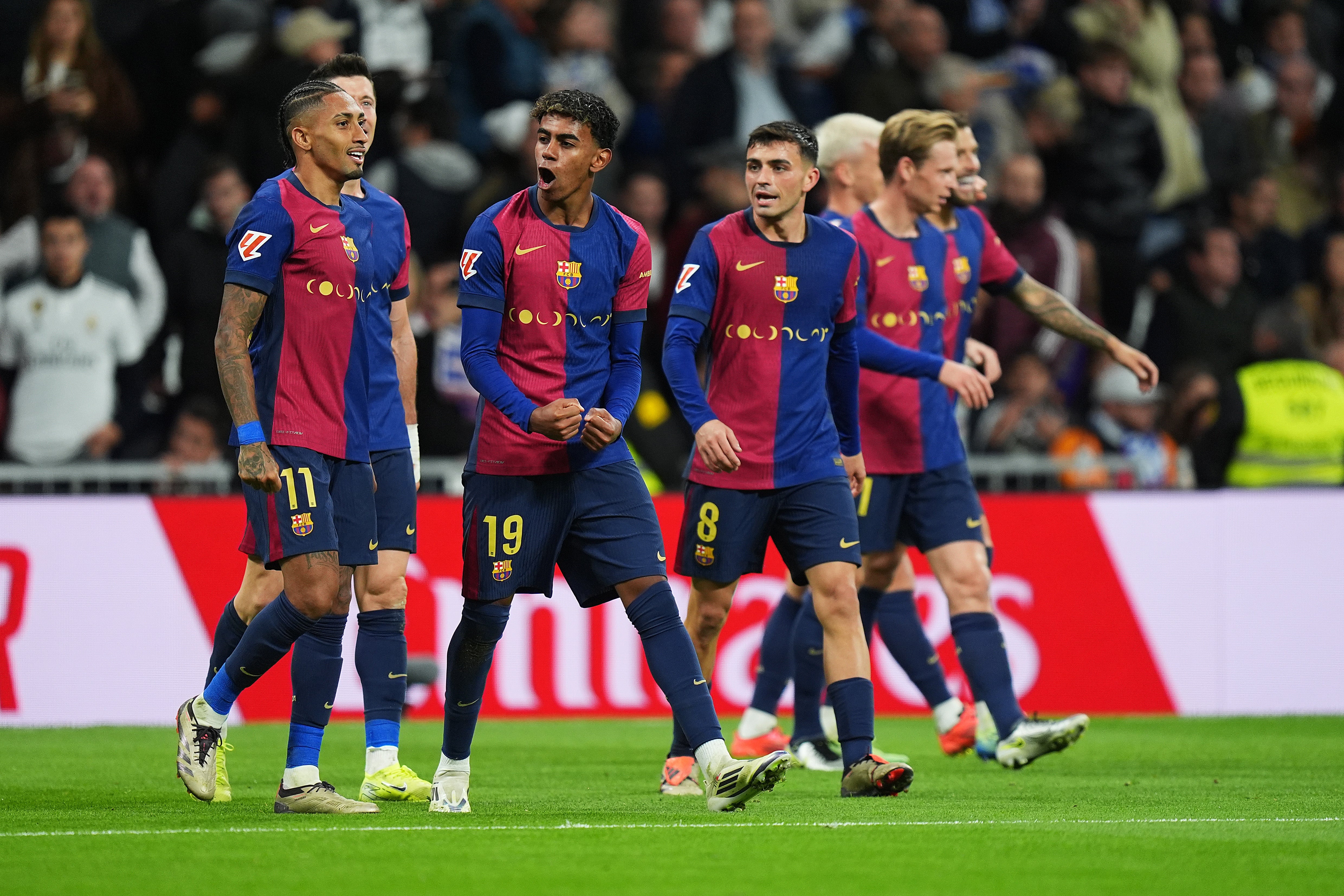 Raphinha of FC Barcelona celebrates scoring