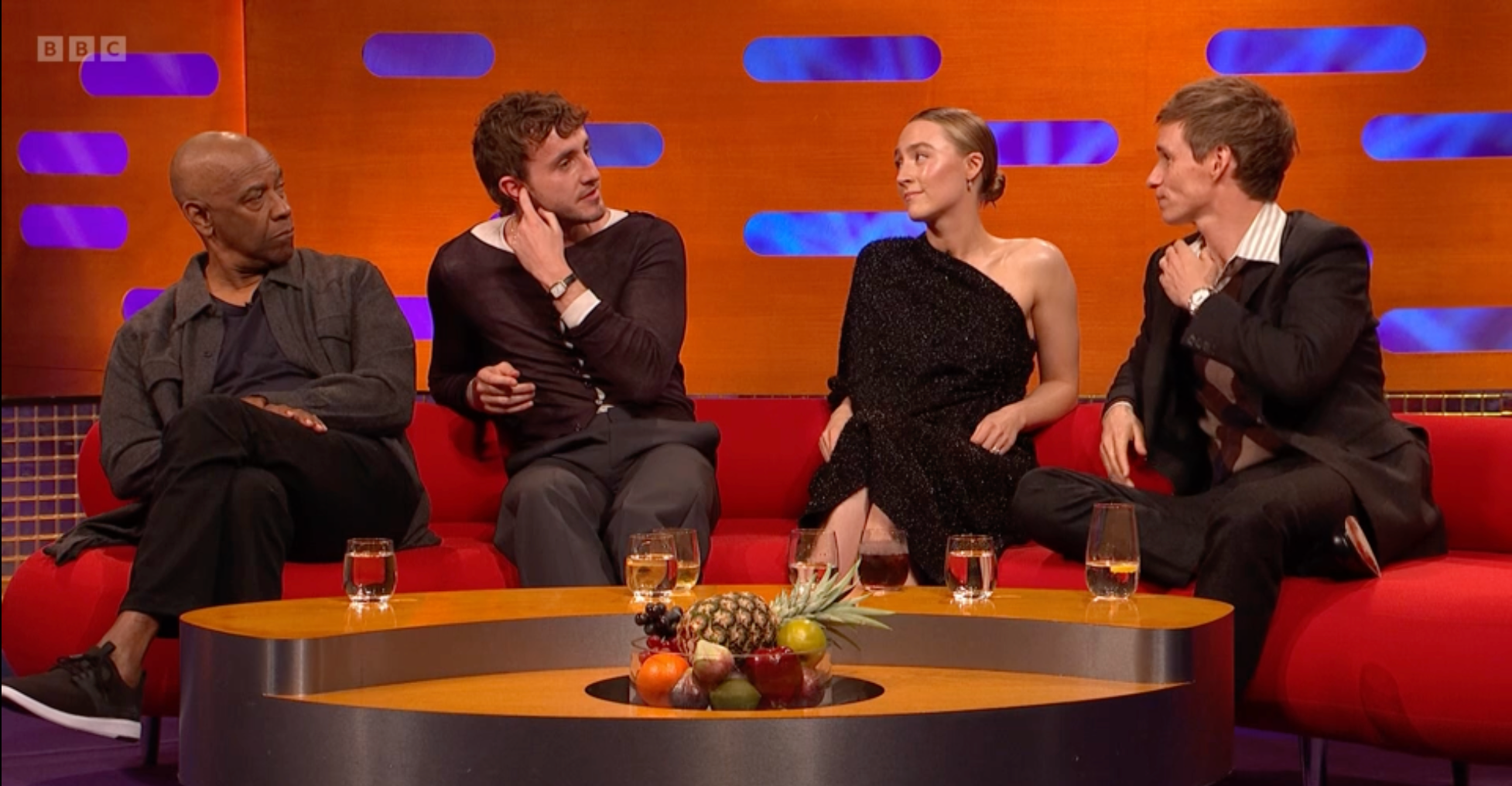 Saoirse Ronan (second from right) with Eddie Redmayne (right), Denzel Washington (left) and Paul Mescal (second from left) on ‘The Graham Norton Show’