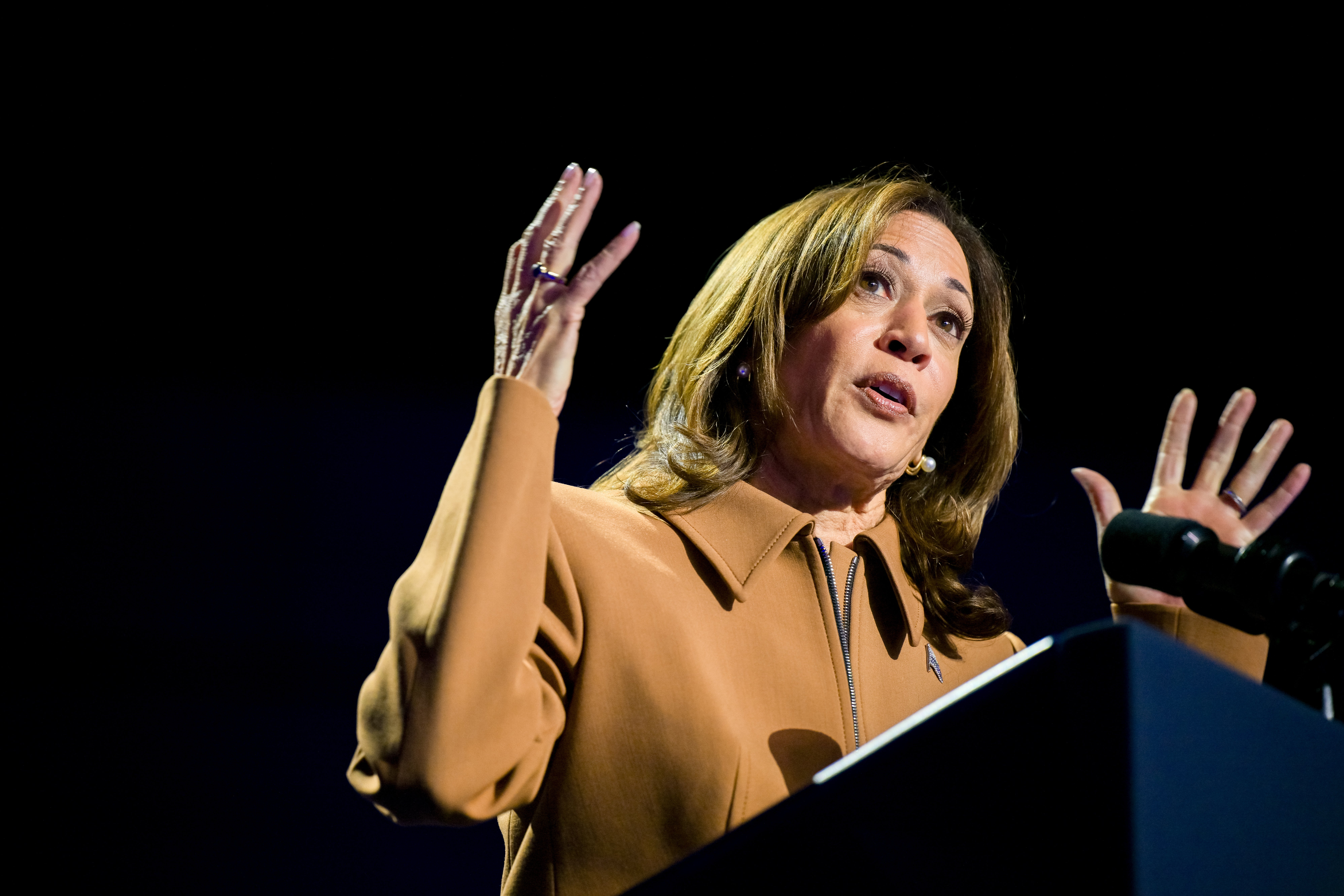 Vice President Kamala Harris speaks during a campaign rally at the Wings Event Center on October 26 in Kalamazoo, Michigan. A new poll shows her neck and neck with Donald Trump in how independent votes. Well behind the margin President Joe Biden had over Trump with independents when he won in 2020