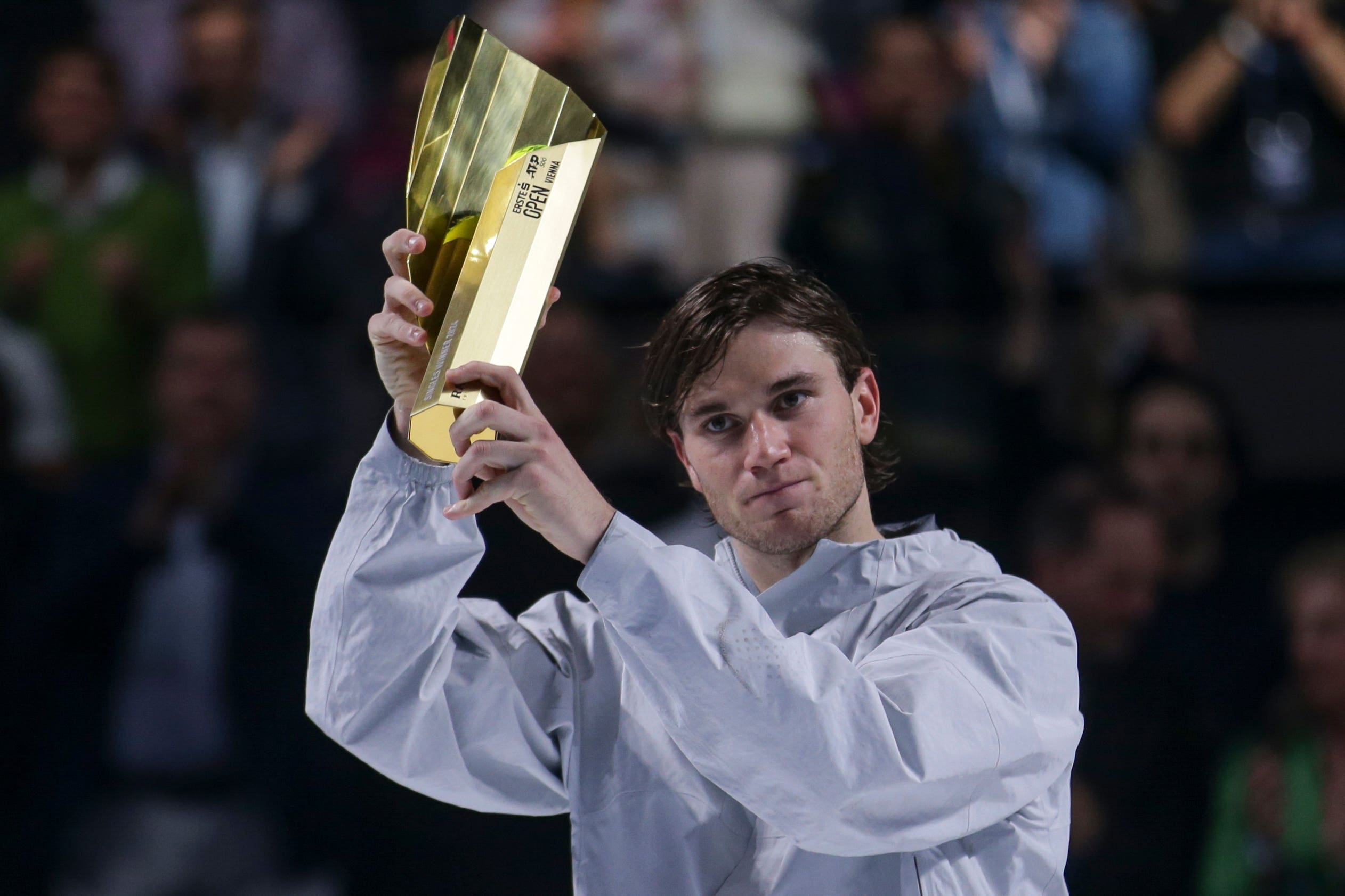 Jack Draper lifts the trophy after beating Karen Khachanov in Vienna (AP/Heinz-Peter Bader/PA)