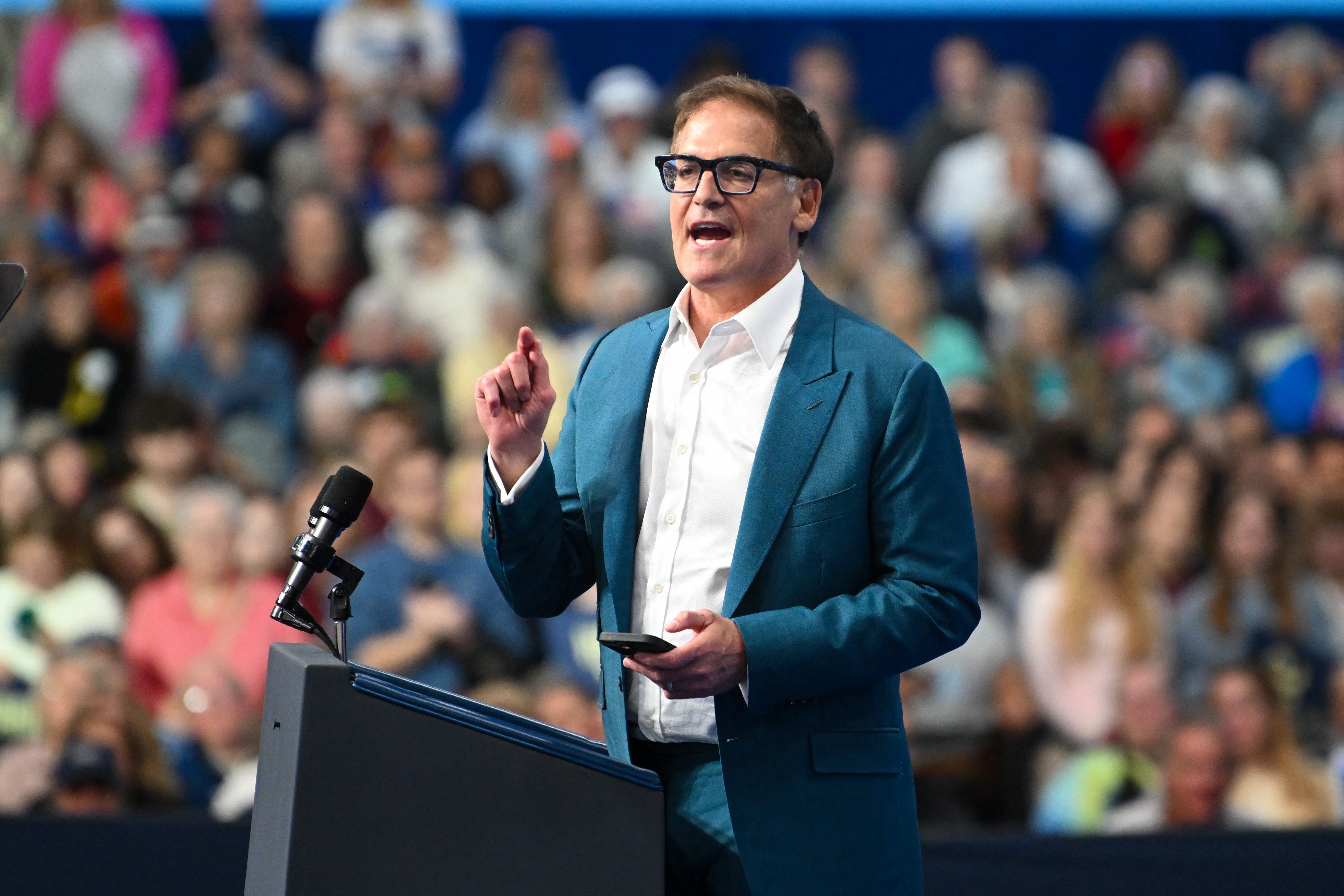 Entrepreneur Mark Cuban speaks at a campaign event Democratic presidential nominee Kamala Harris at the University Wisconsin-La Crosse in La Crosse, Wisconsin. He is now saying he has no interest in a cabinet position