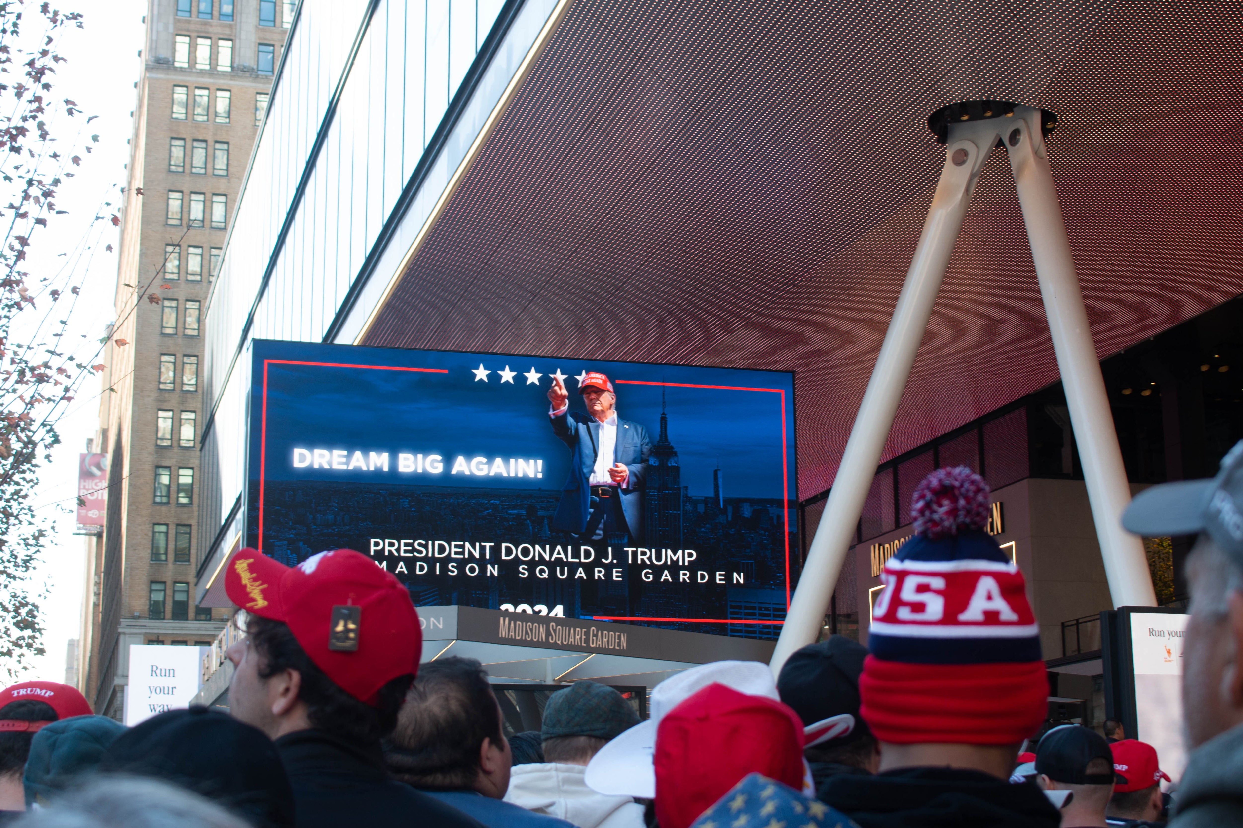 The welcome sign in front of Madison Square Garden where Donald Trump held a rally on Sunday