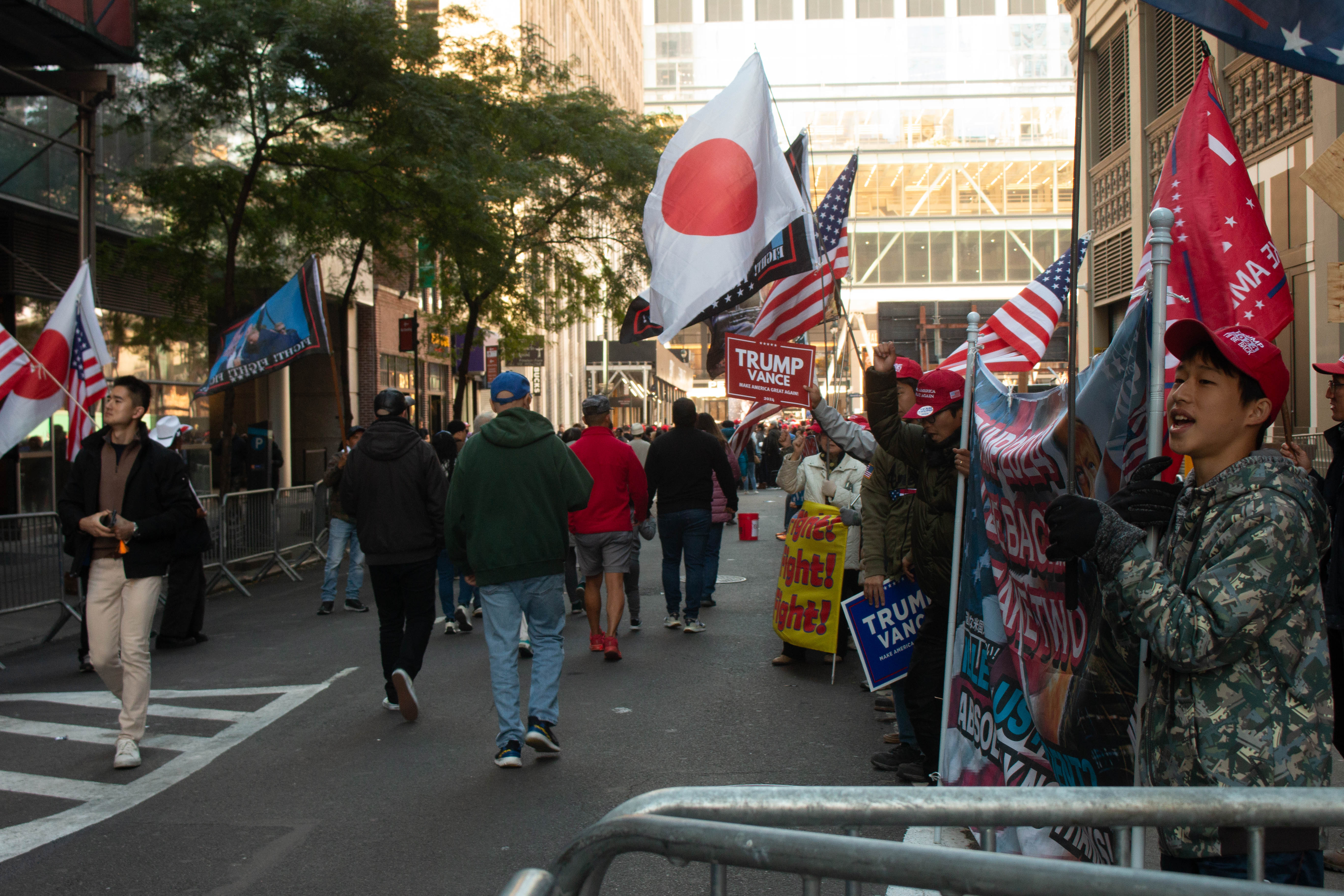 This group of Trump supporters waved flags, played music and cheered for people who lined up to attend the rally – encouraging them to also support the former president. Crowds were waiting for hours to get into the New York City venue