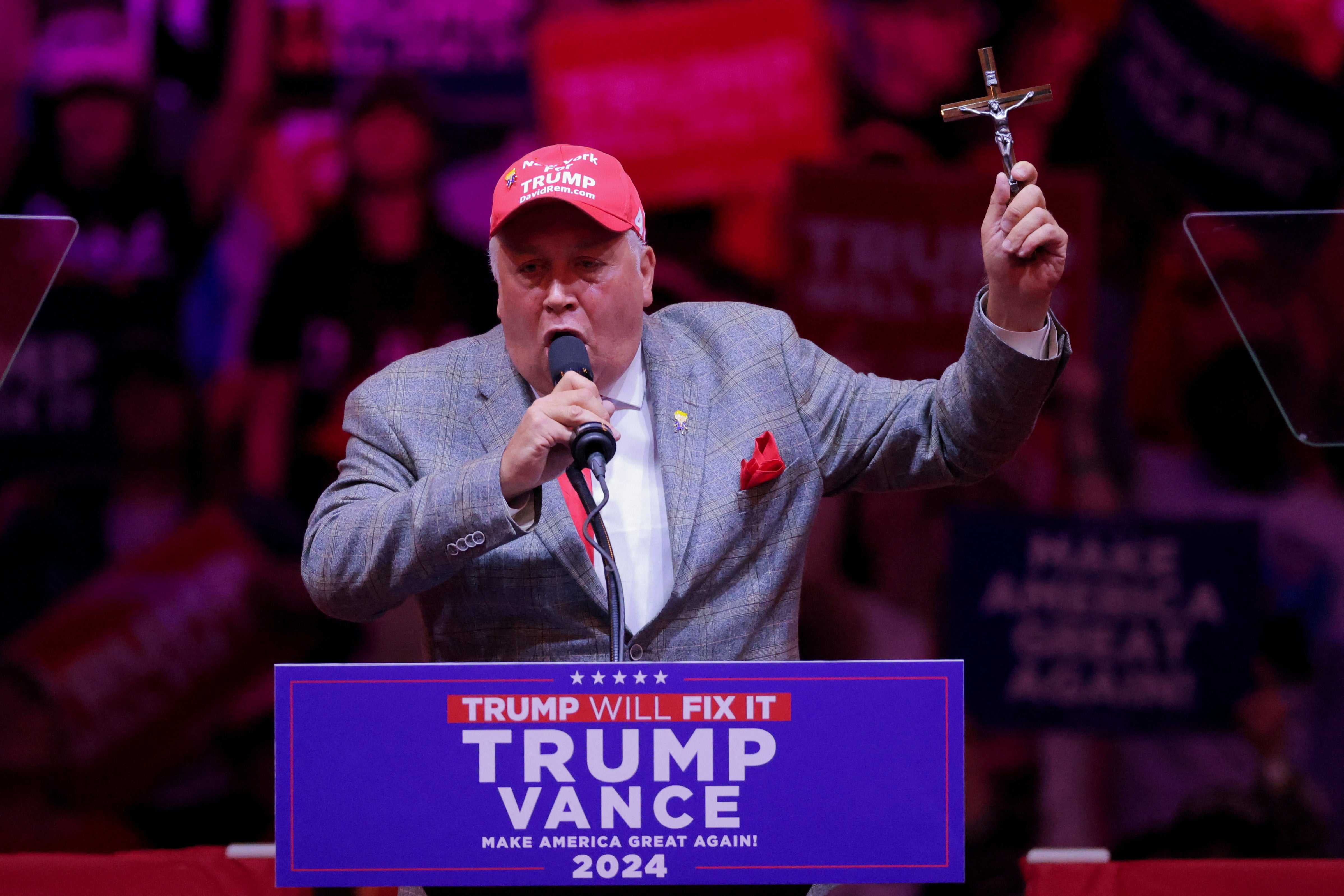 David Rem seen at Donald Trump's MSG rally on Sunday. During his speech, he referred to Kamala Harris as the Antichrist