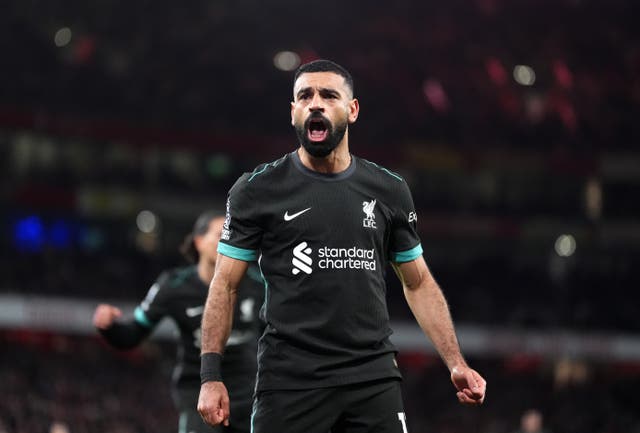 <p>Mohamed Salah celebrates his goal at the Emirates </p>