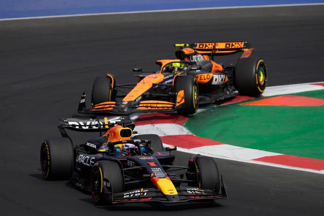 <p>Verstappen led in the early stages of the race with Norris close behind </p>