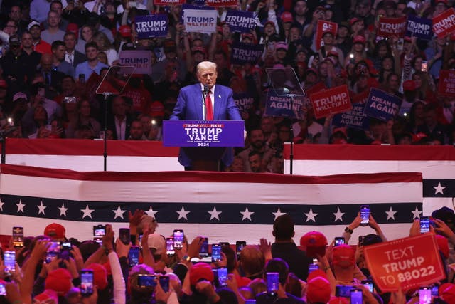 <p>Donald Trump speaks at a rally in New York City on Sunday. The Madison Square Garden crowd was loud in its support for the Republican nominee and his other campaign friends during a massive rally in the deep blue city </p>