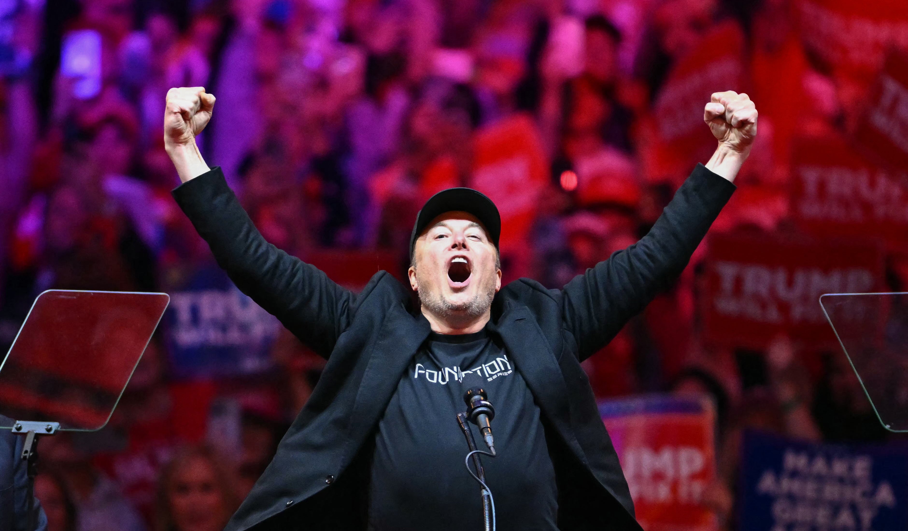 Elon Musk on stage at a Donald Trump rally at Madison Square Garden in New York, October 27, 2024.