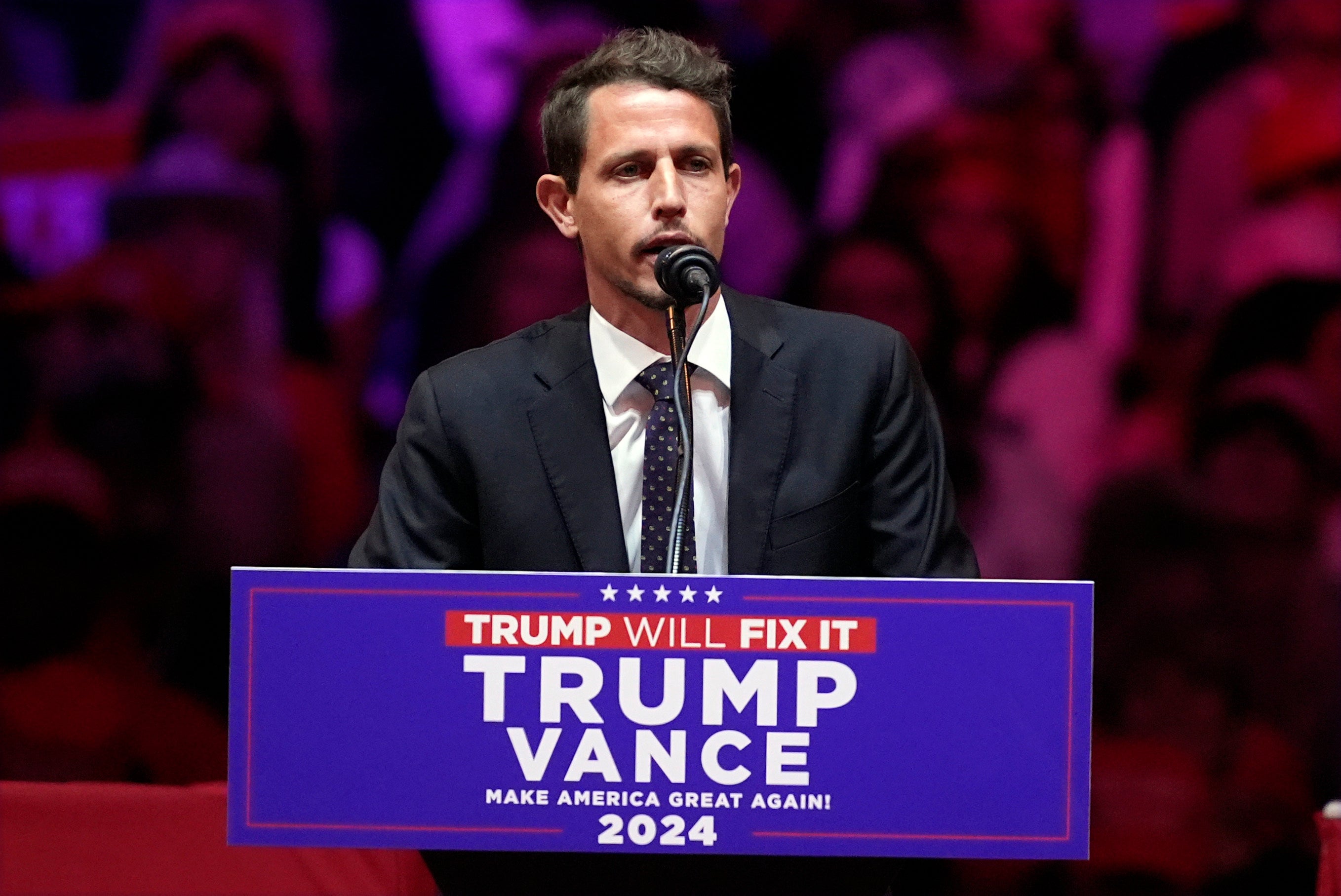 Tony Hinchcliffe speaks at Donald Trump’s rally in New York City on Sunday. The comedian referred to Puerto Rico as a ‘floating island of garbage’ in his set, prompting immediate backlash and causing the Trump campaign to distance itself from him