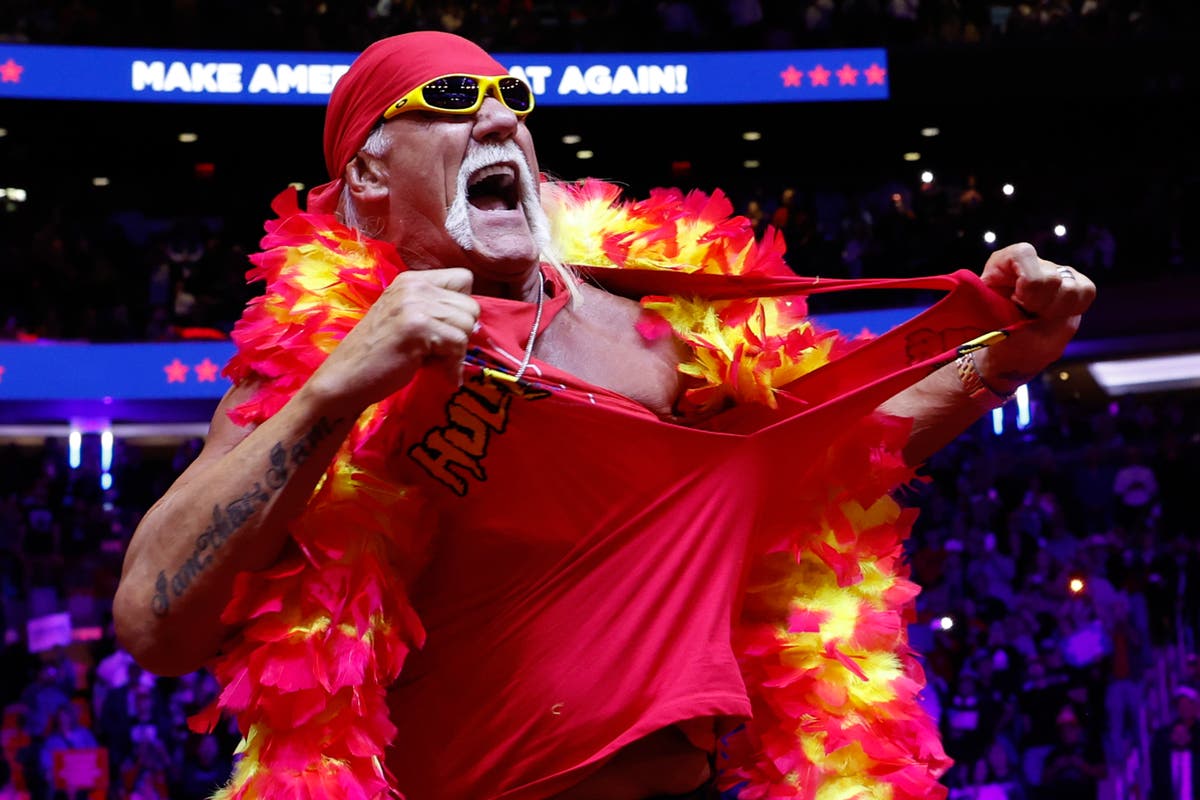 Hulk Hogan struggles with trademark routine during surprise appearance at Trump rally