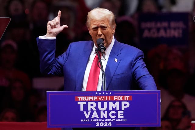 <p>Trump speaks to the crowd at Madison Square Garden in New York </p>