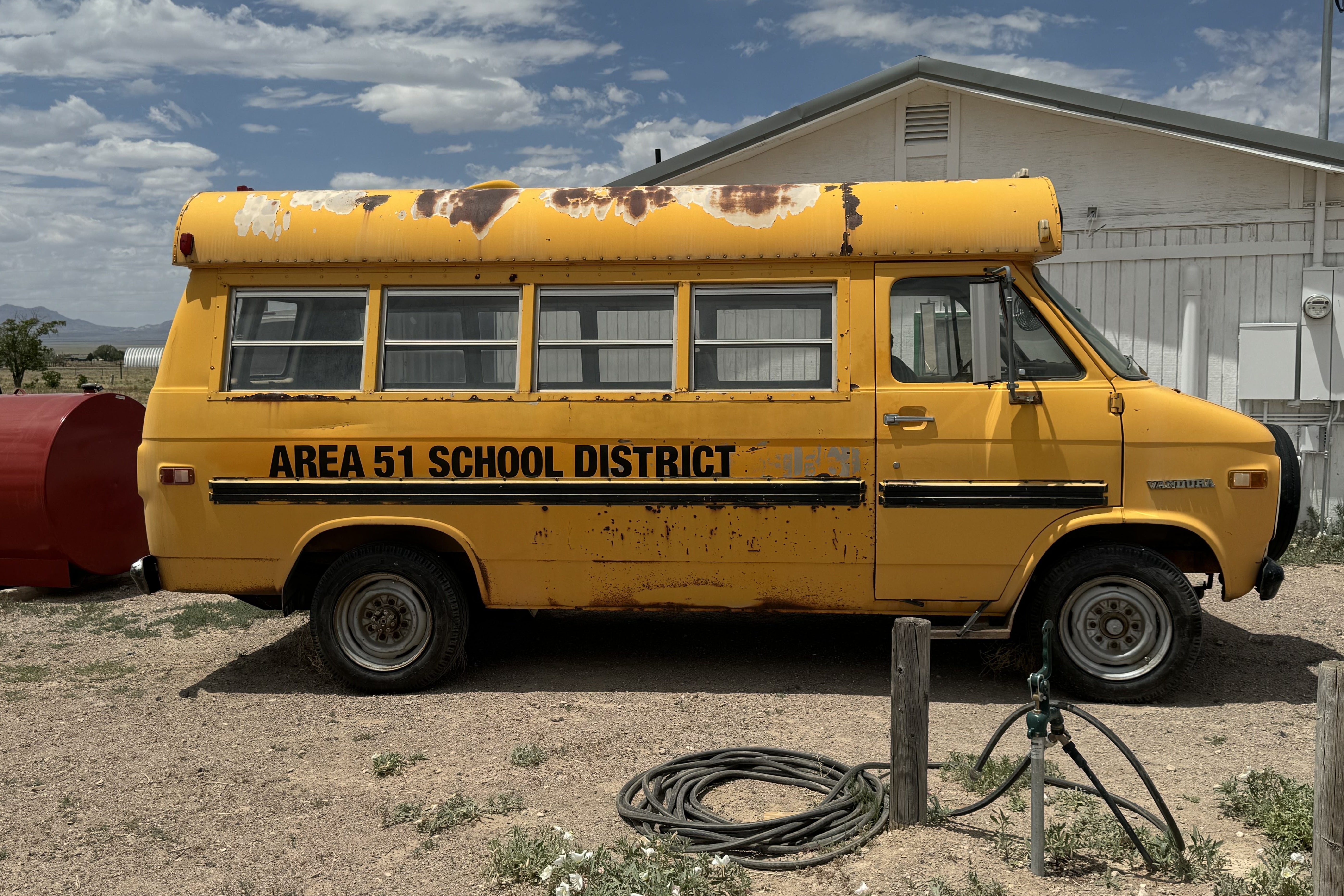 The Area 51 School District bus is one of may cosmic-themed photo ops on the road