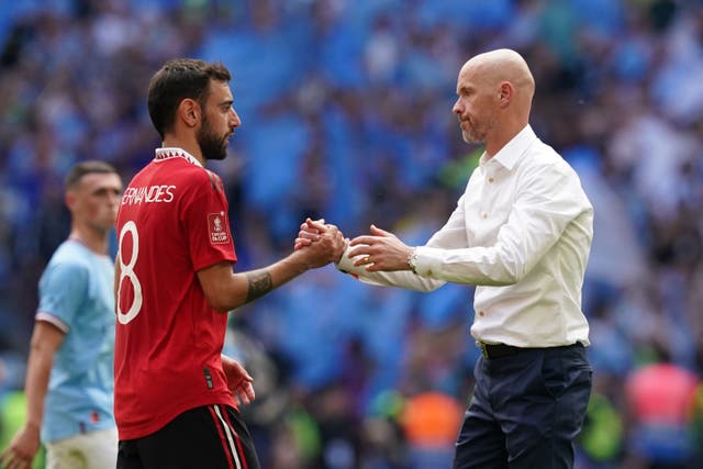 Bruno Fernandes, left, has thanked Erik ten Hag ‘for everything’ after the Dutchman was sacked by Manchester United (Martin Rickett/PA)