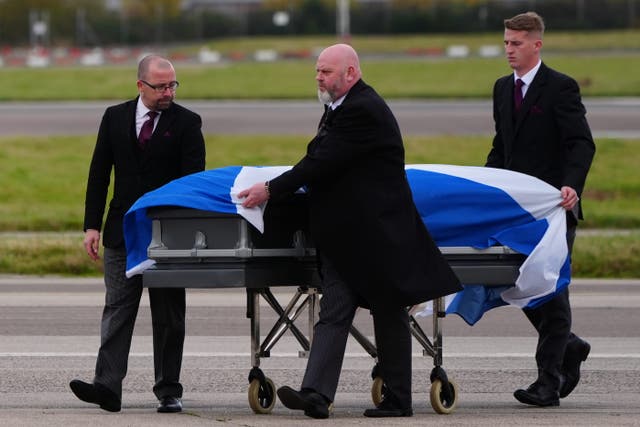 The Saltire-draped coffin bearing Alex Salmond’s body was repatriated from Macedonia (Jane Barlow/PA)