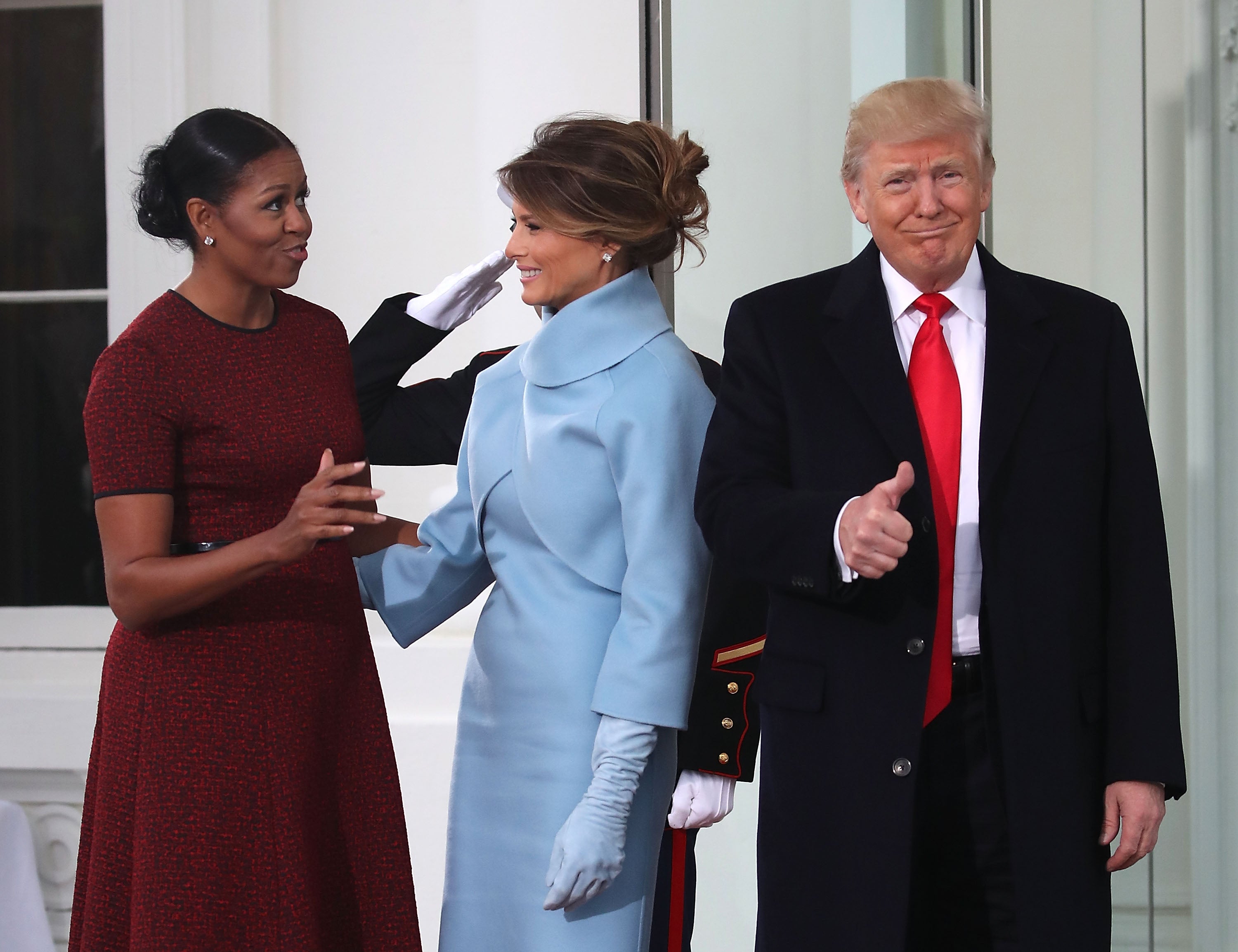 Michelle Obama welcomes Melania Trump and Donald Trump to the White House on her inauguration day, January 20, 2017