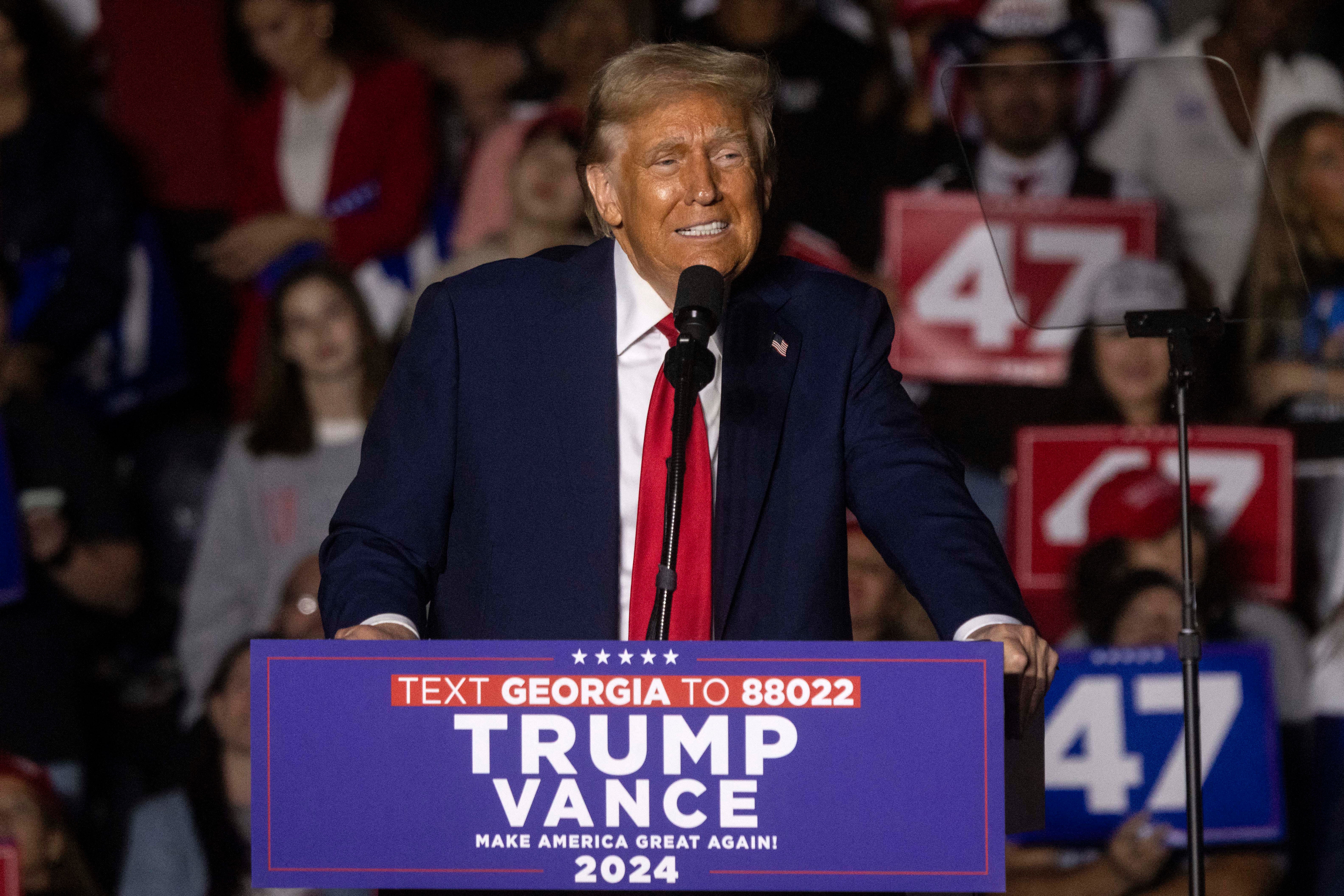 Trump speaks during a campaign rally at the McCamish Pavilion in Atlanta, Georgia, on October 28