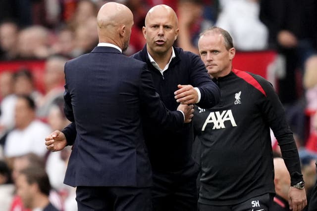 Arne Slot, right, shakes hands with Erik ten Hag after the Premier League match between Manchester United and Liverpool (Nick Potts/PA)