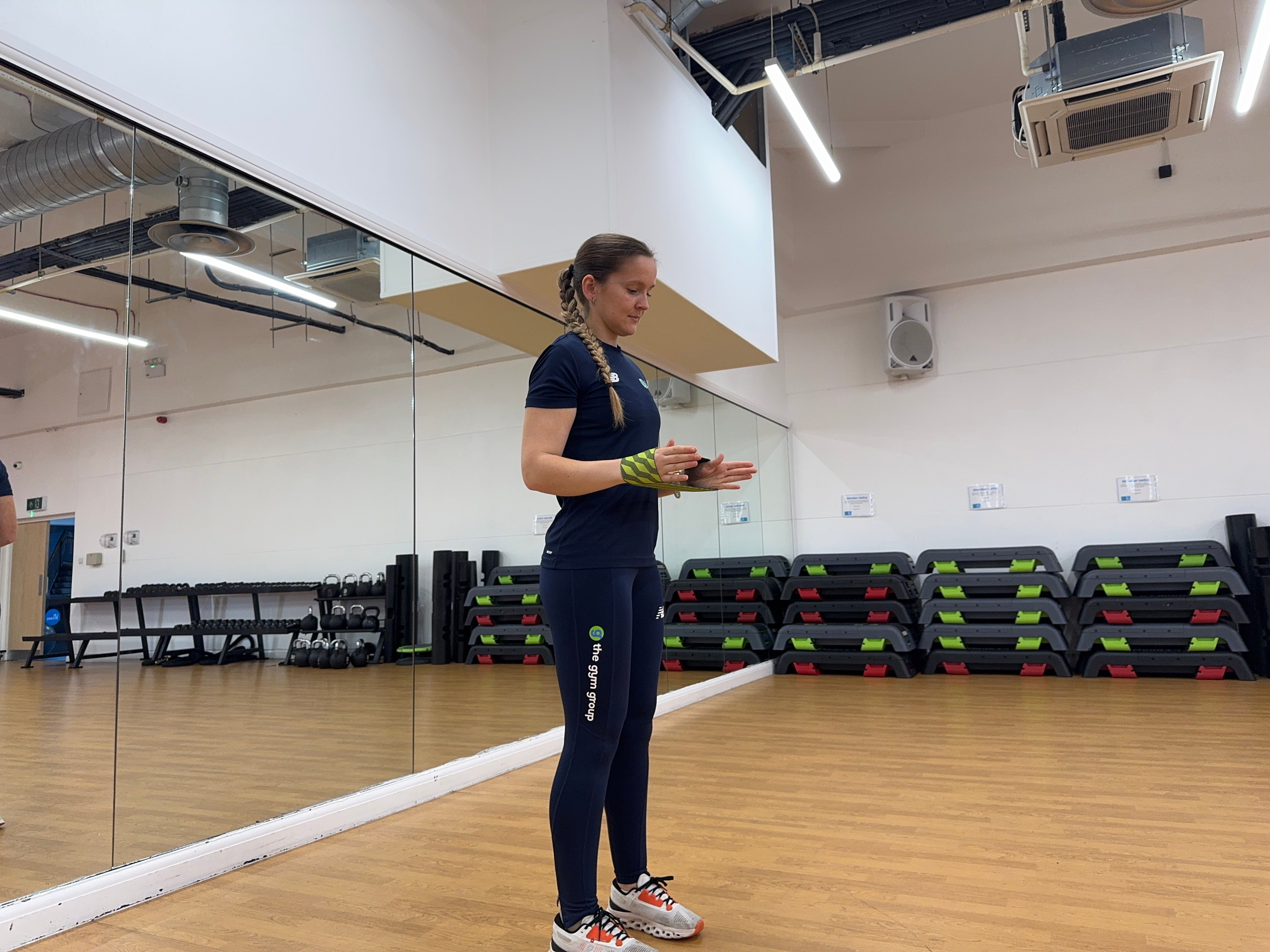 Trainer Sasha Bridgen demonstrating a banded shoulder external rotation