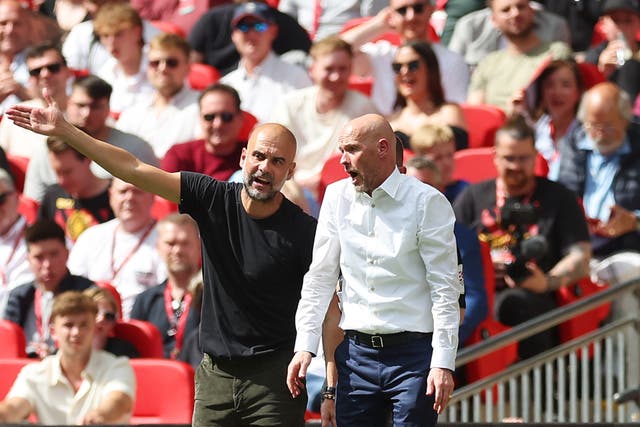 <p>Pep Guardiola (left) and Erik ten Hag were rivals as Manchester City and United coaches</p>