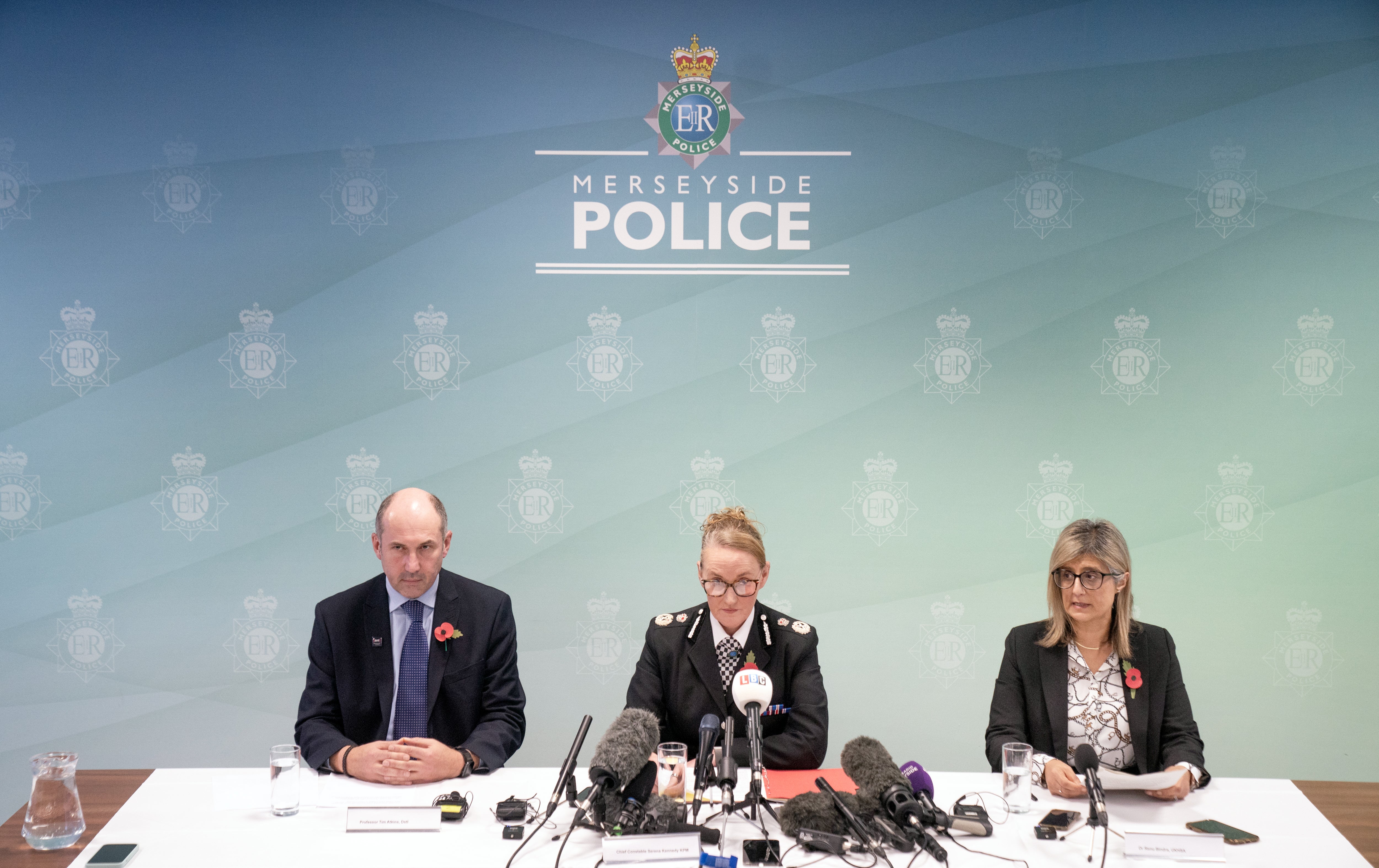 Professor Tim Atkins, Merseyside Police chief constable Serena Kennedy, and Dr Renu Bindra give an update on the investigation