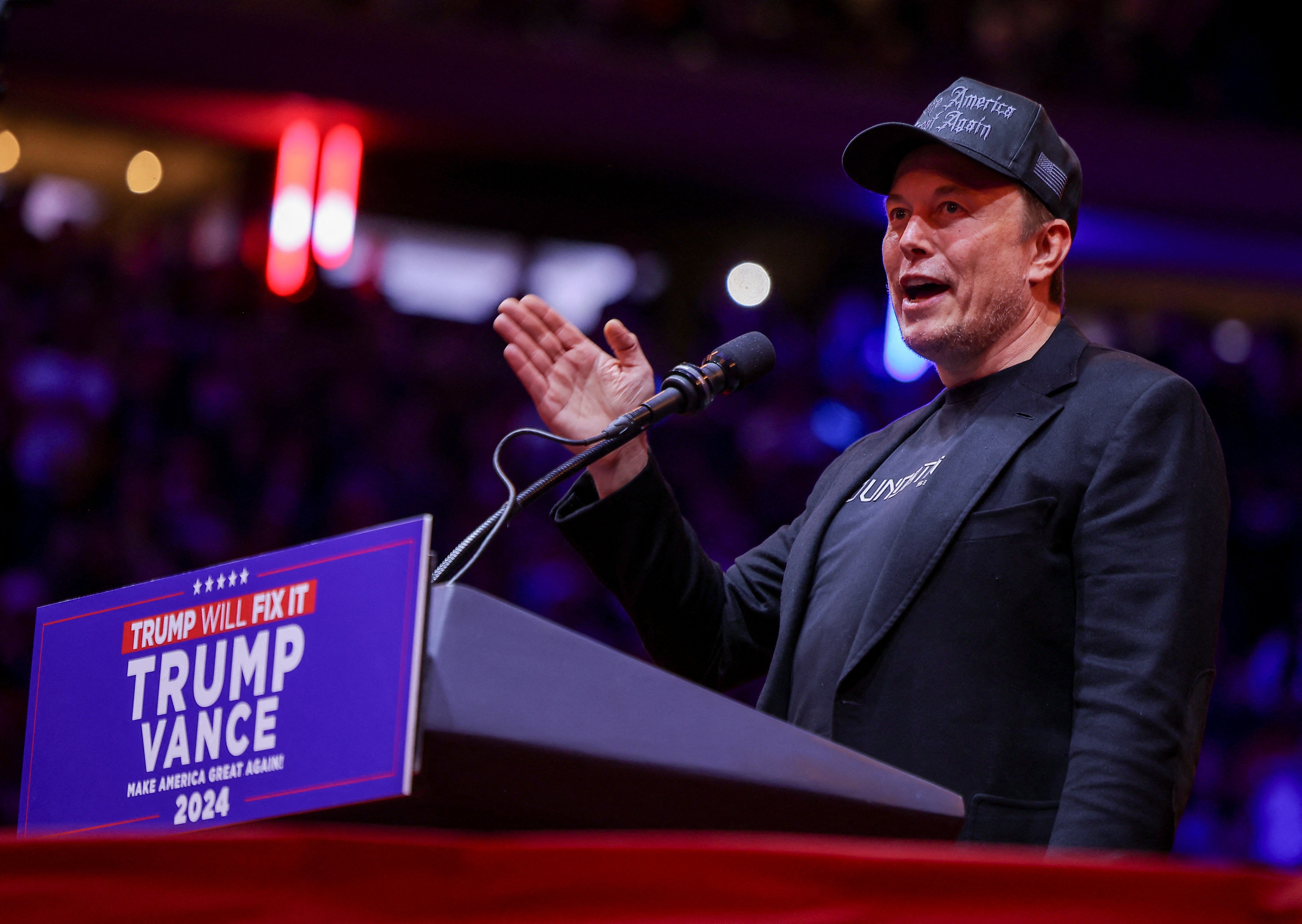 Musk speaks during a rally for former President Donald Trump at New York City’s Madison Square Garden on Sunday. SpaceX is a crucial part of NASA’s plan to get astronauts back on the moon and, later, to Mars