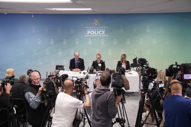<p>Professor Tim Atkins, Merseyside Police Chief Constable Serena Kennedy, and Dr Renu Bindra give an update</p>