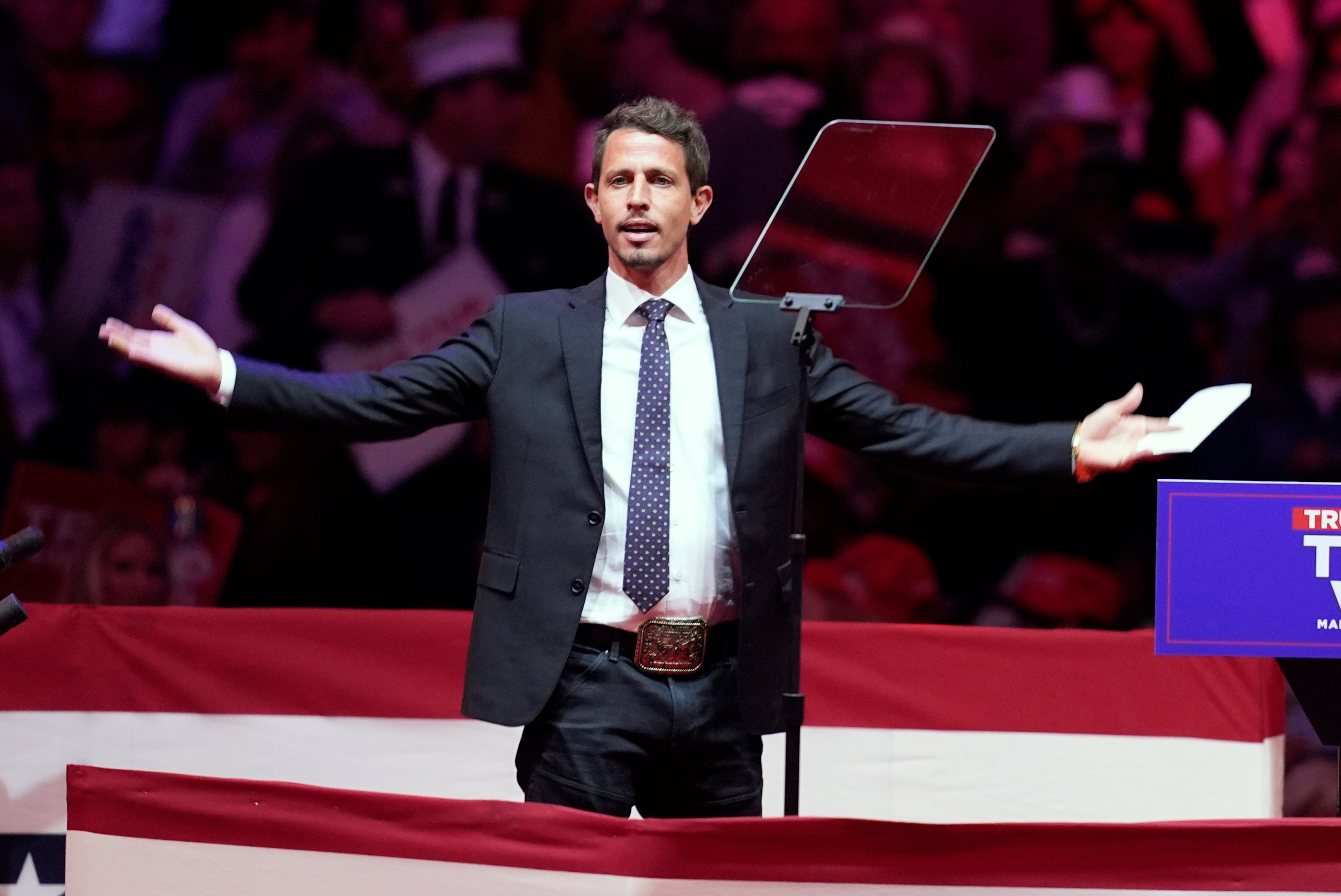 Tony Hinchcliffe speaks at Donald Trump’s campaign rally at Madison Square Garden on October 27.