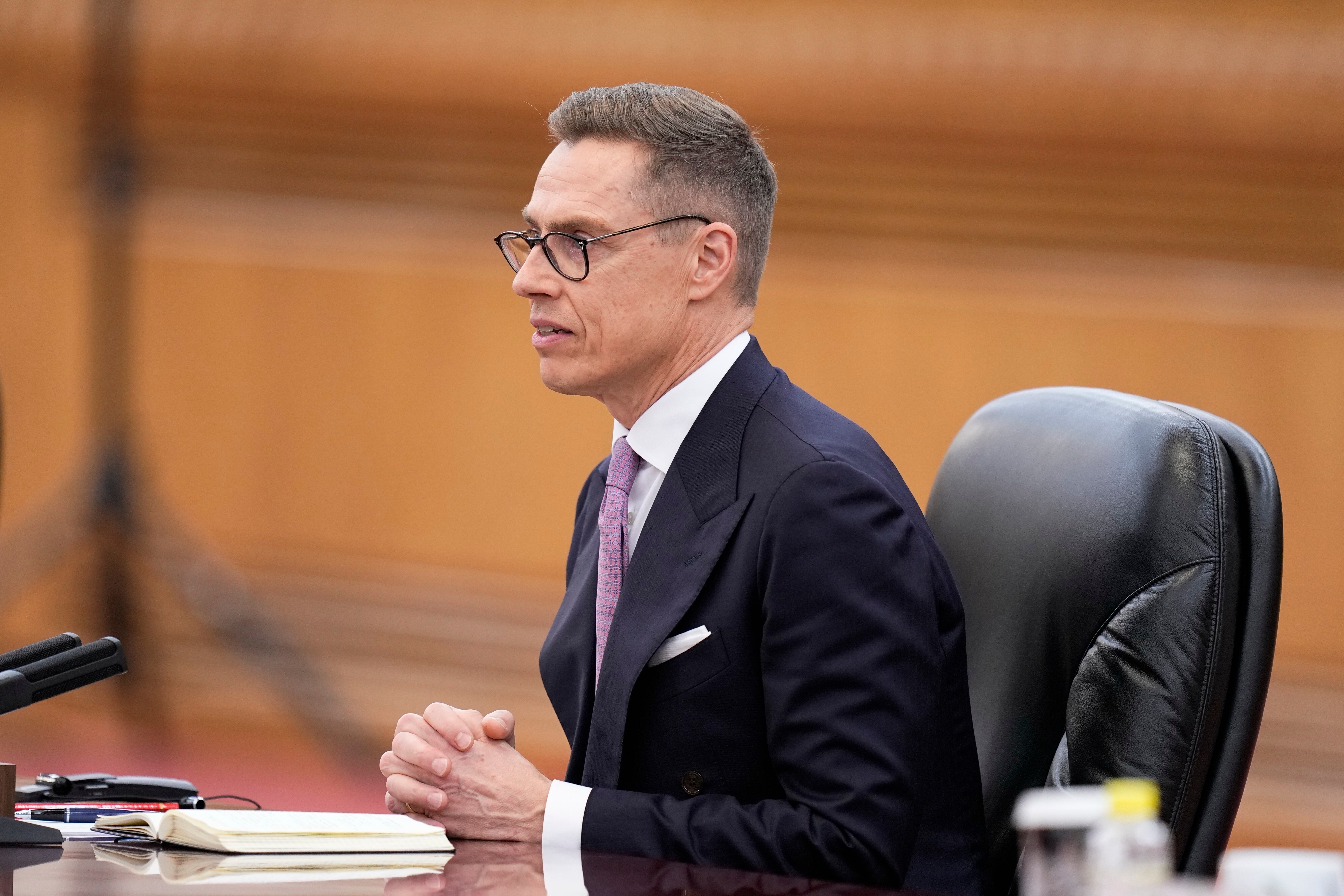 Finnish President Alexander Stubb speaks during a meeting with China’s President Xi Jinping