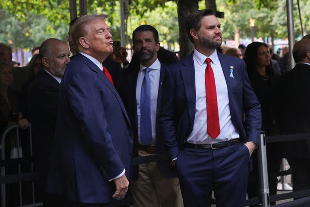 <p>Donald Trump and his running mate, JD Vance, attend a memorial for the September 11, 2001 attacks. Trump is facing backlash after using a video of him giving a thumbs-up at the event in a new ad on Snapchat</p>