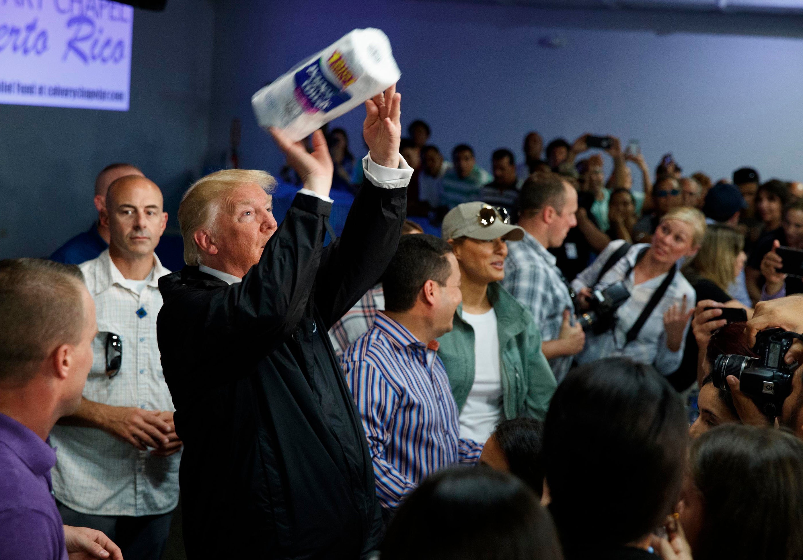 Then-President Donald Trump tossed paper towels into a crowd in Guaynabo, Puerto Rico, in the wake of Hurricane Maria in 2017.