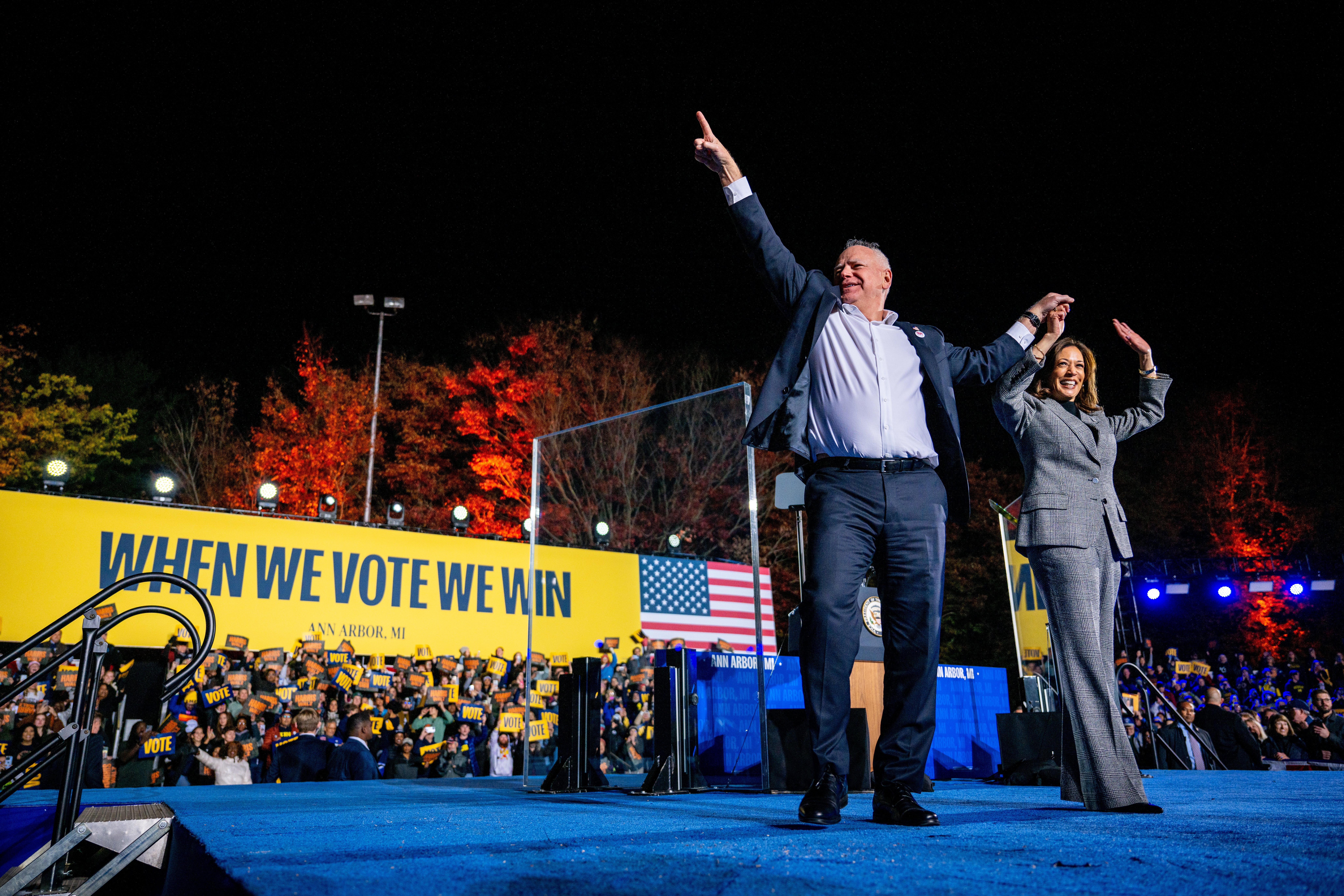 The Harris–Walz campaign displays a message that reads, ‘When we vote, we win’ at a rally to encourage voters to get out and vote