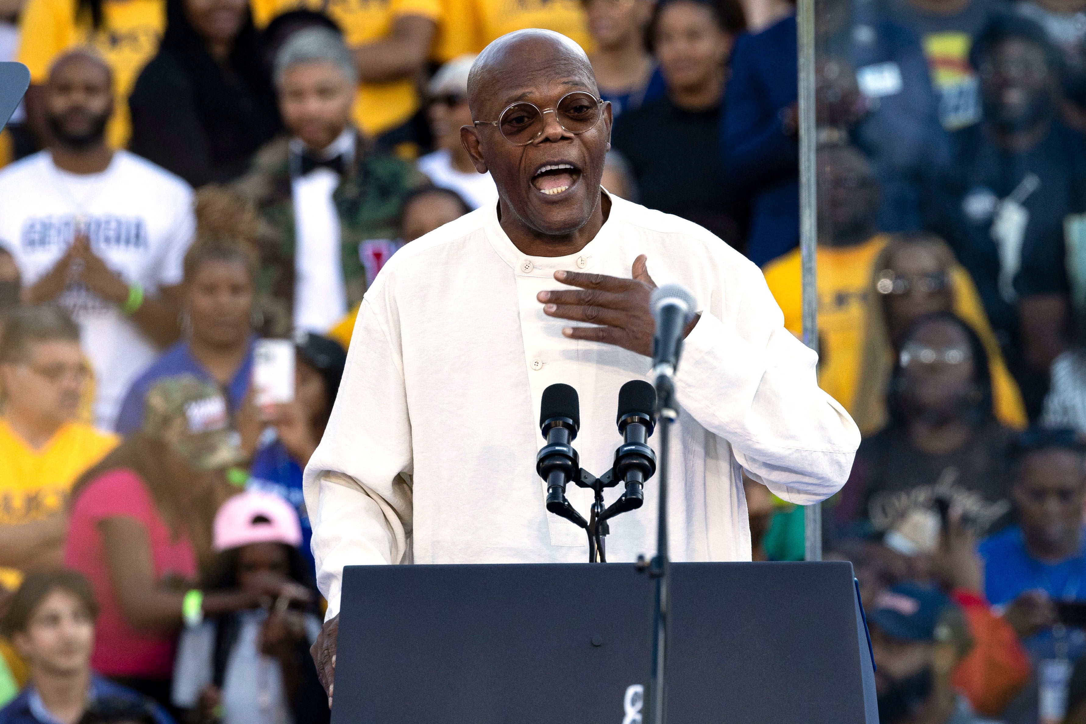 Samuel L Jackson speaking at a Kamala Harris campaign event in Clarkston, Georgia on October 24, 2024