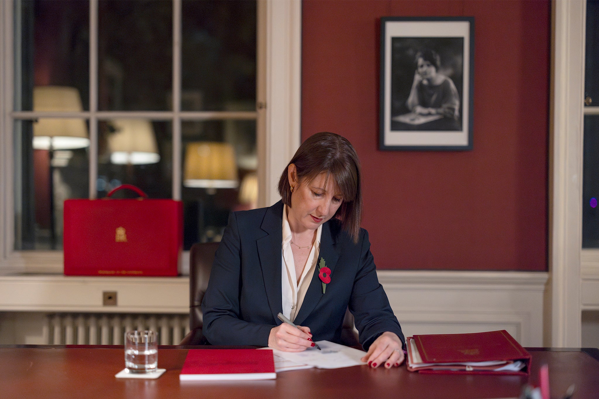 Reeves pictured in her No 11 office on Monday ahead of the Budget