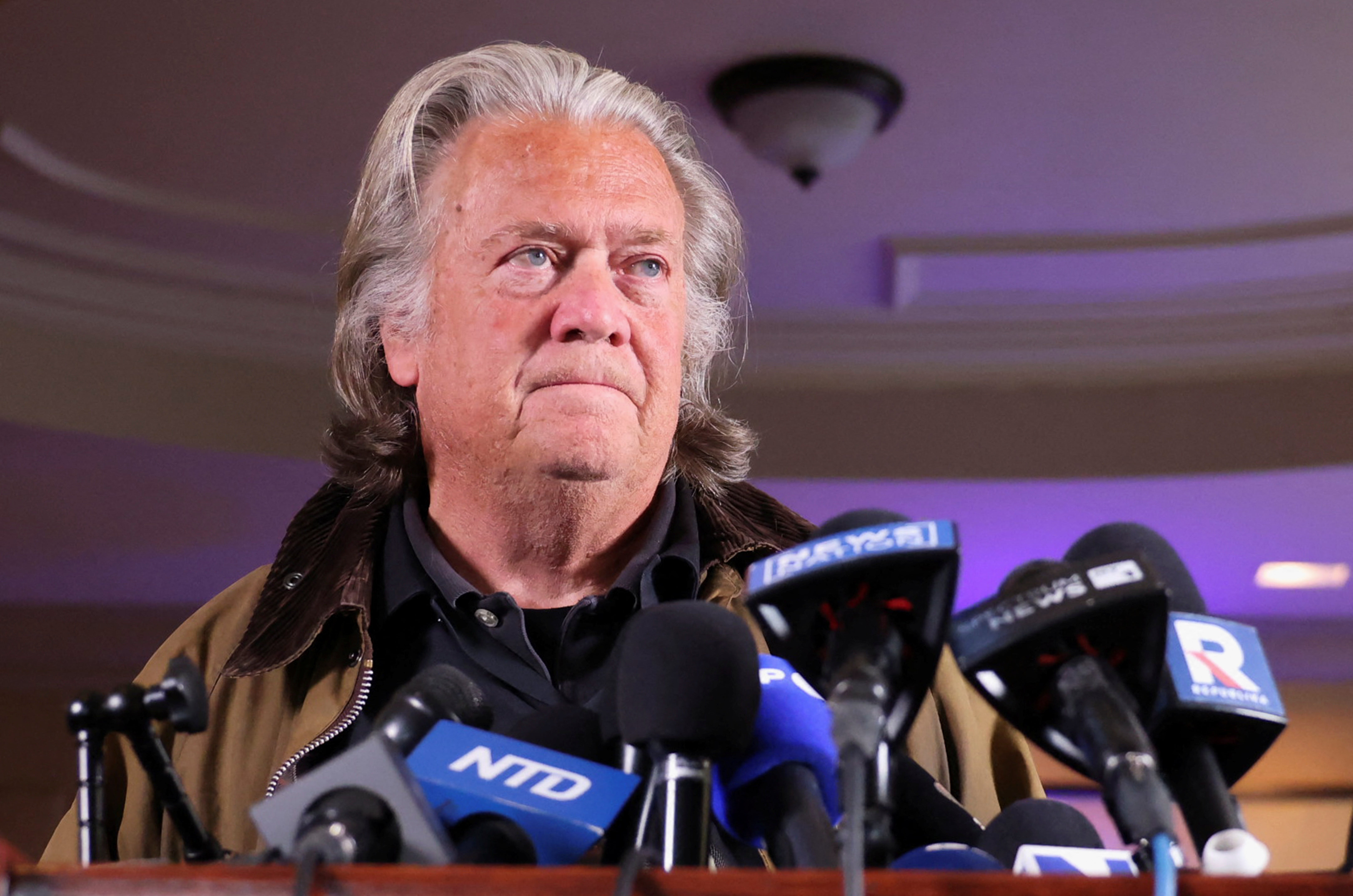 Steve Bannon, former advisor to former President Donald Trump, holds a press conference in New York City following his release from U.S. Federal jail on October 29