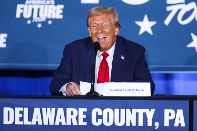 <p>Former US President and Republican presidential candidate Donald Trump takes part in a roundtable discussion hosted by Building America's Future in Drexel Hill, Pennsylvania, on October 29, 2024</p>