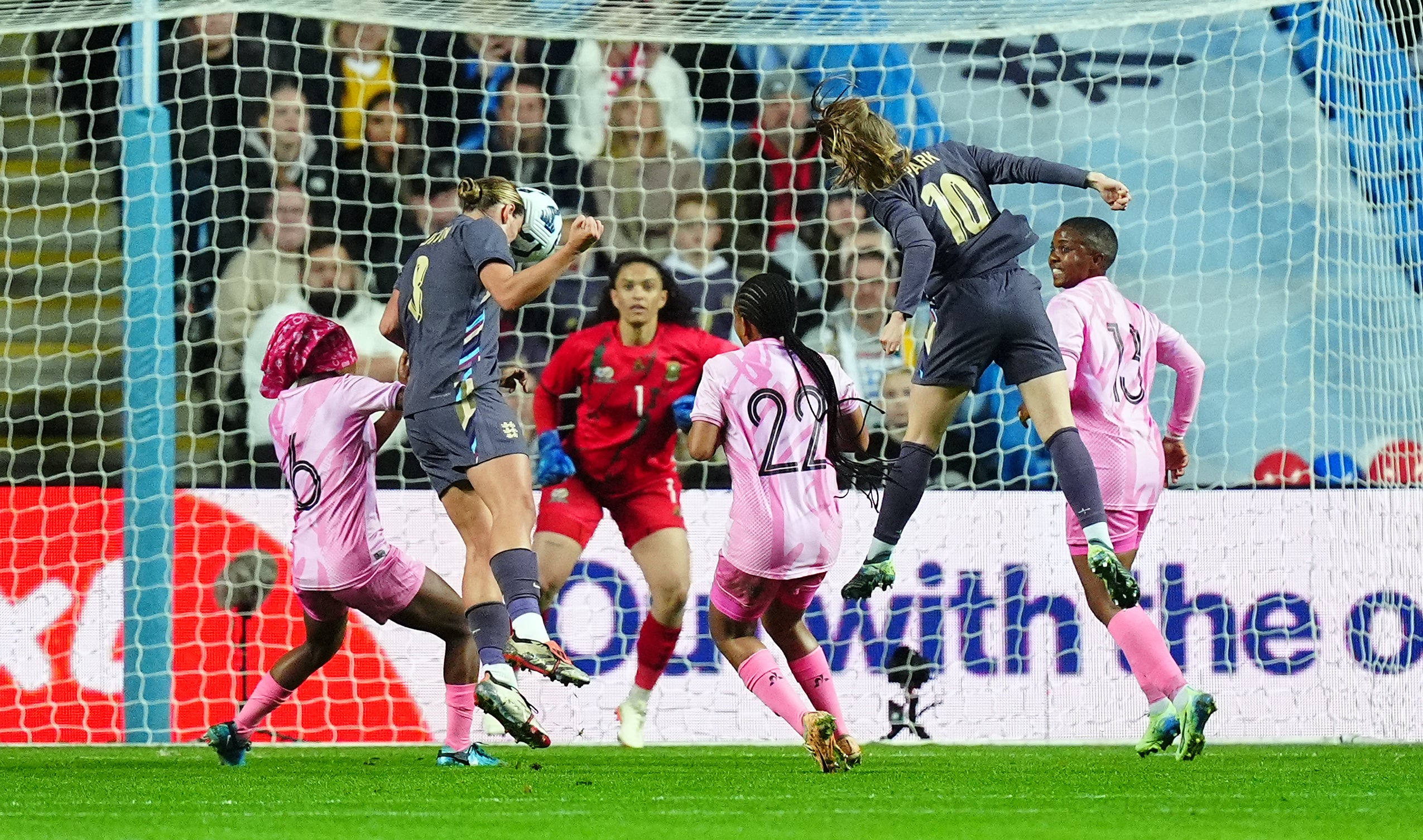 Grace Clinton, second left, scores England’s second goal against South Africa (Mike Egerton/PA)