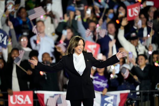 <p>Democratic presidential nominee Vice President Kamala Harris arrives to deliver remarks during a campaign event at the Ellipse near the White House in Washington, Tuesday, Oct. 29, 2024</p>