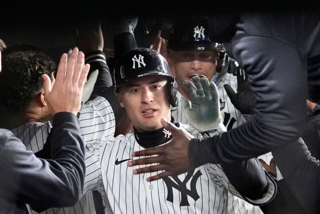 New York Yankees’ Anthony Volpe celebrates in the dugout after hitting a grand slam (Godofredo A Vasquez/AP)