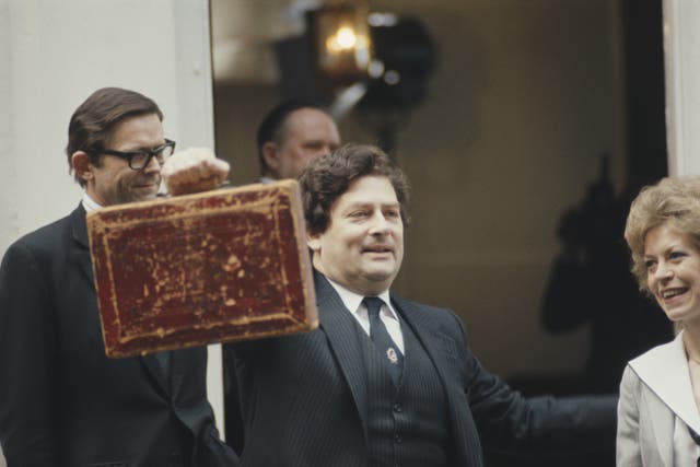 <p>British Conservative politician Nigel Lawson, Chancellor of the Exchequer outside 10 Downing Street on Budget Day 1984. </p>