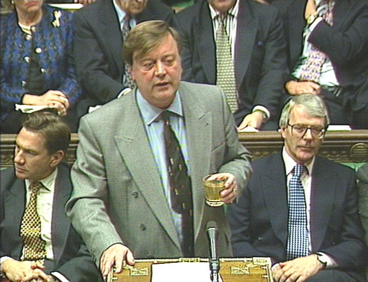 A videograb of the Chancellor Kenneth Clarke, taking a drink while he delivers the Budget in the House of Commons