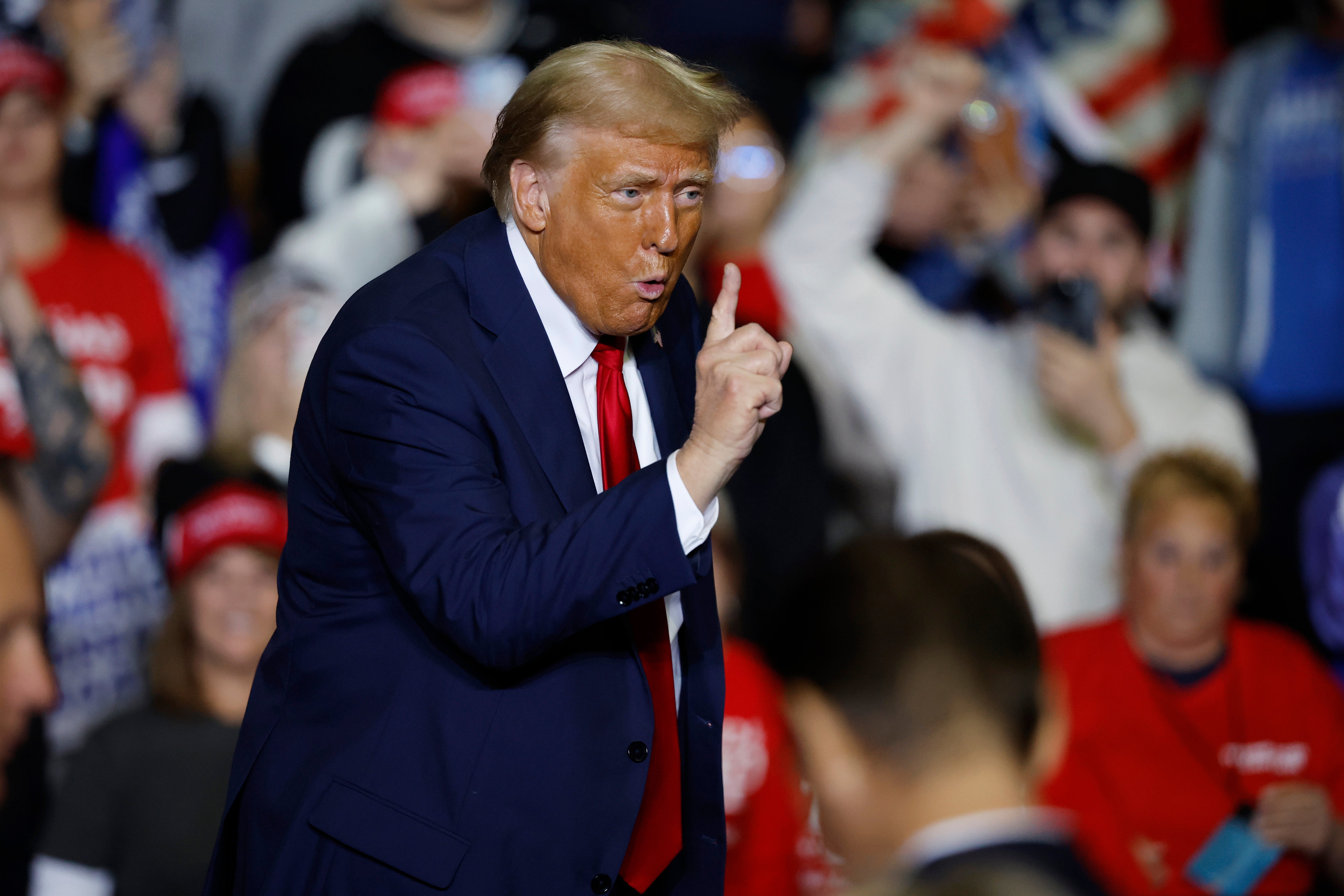 Trump gestures at a campaign rally at the PPL Center on October 29, 2024 in Allentown, Pennsylvania. At the event, he repeated his phrase by calling the United States a “garbage bin.”